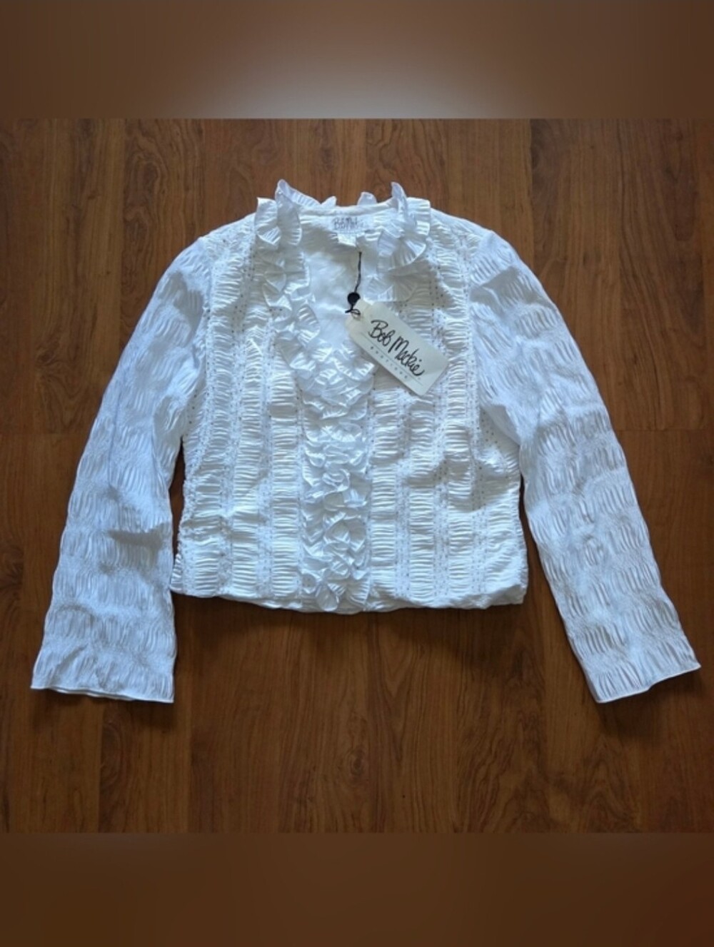 Y2K Bob Mackie Boutique White Ruffle Beaded Zip Blouse Lined Size 10 NWT